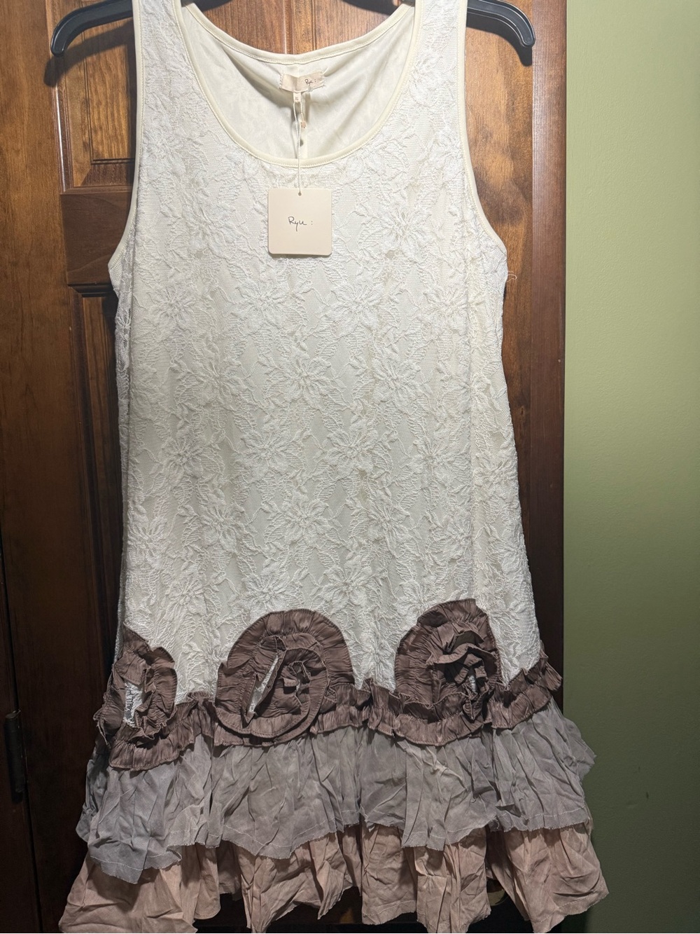 RYU Cream Lace Sleeveless Dress with Taupe Ruffle Hem